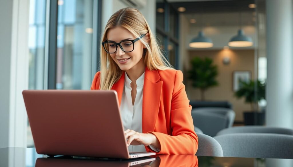 Imagem de uma mulher empreendedora utilizando uma plataforma de e-commerce no notebook Imagem de uma mulher empreendedora utilizando uma plataforma de e-commerce no notebook