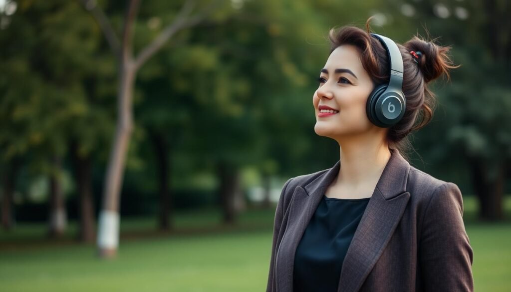 Imagem de uma mulher usando Headphones Beats Solo Pro em um parque Imagem de uma mulher usando Headphones Beats Solo Pro em um parque