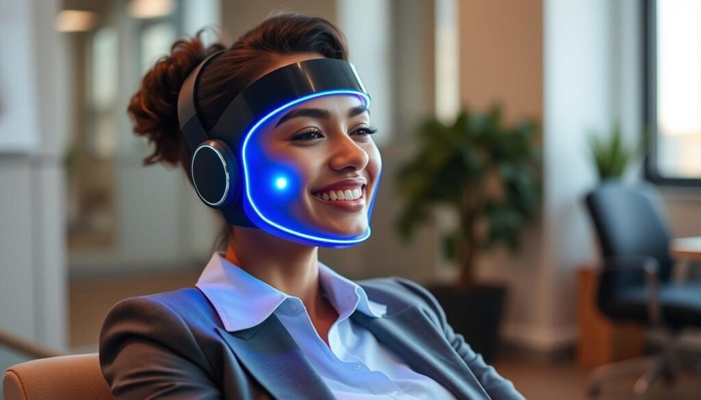 Imagem de uma mulher usando a Máscara de Terapia com LED CurrentBody com uma expressão de satisfação Imagem de uma mulher usando a Máscara de Terapia com LED CurrentBody com uma expressão de satisfação