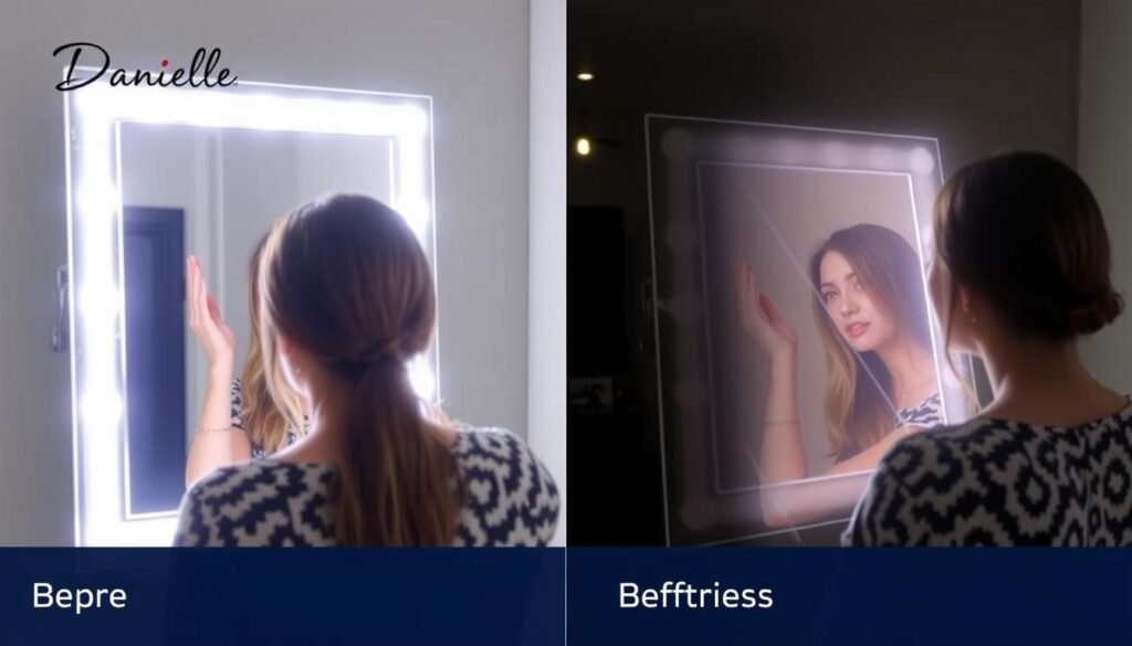 Imagem de uma mulher usando o Espelho com LED Danielle Creations com diferentes níveis de brilho Imagem de uma mulher usando o Espelho com LED Danielle Creations com diferentes níveis de brilho