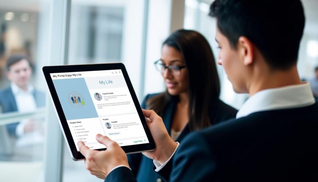 Imagem de uma pessoa acessando o portal Minha Vida em um tablet Imagem de uma pessoa acessando o portal Minha Vida em um tablet