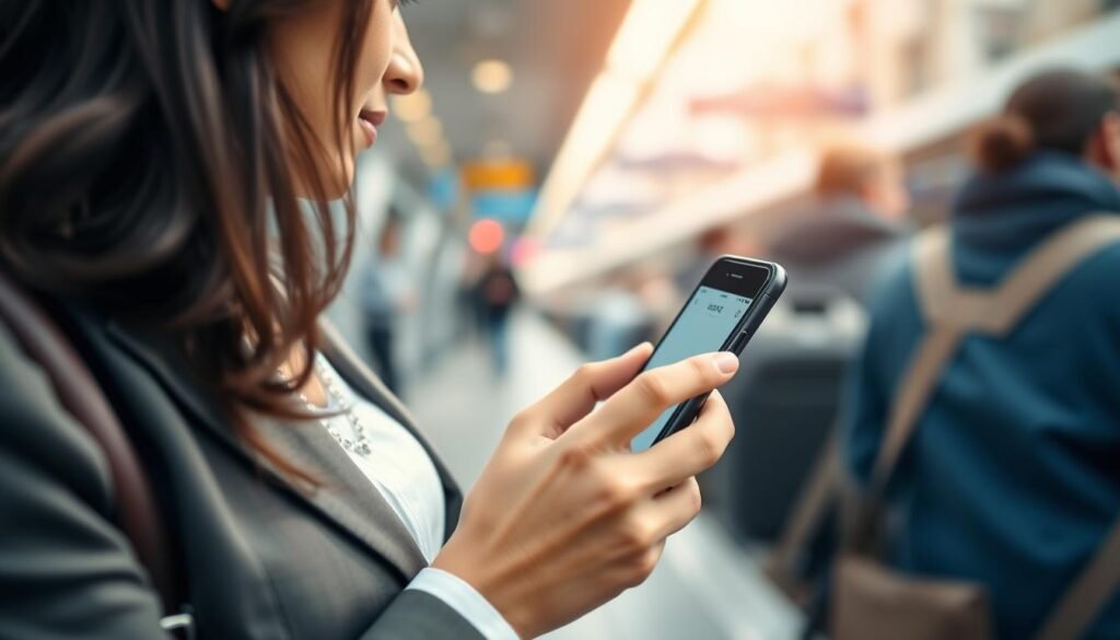 Imagem de uma pessoa usando o aplicativo Lojong durante o trajeto diário Imagem de uma pessoa usando o aplicativo Lojong durante o trajeto diário
