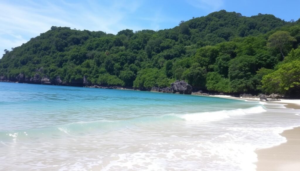 Imagem de uma praia deserta em Fernando de Noronha com águas cristalinas
