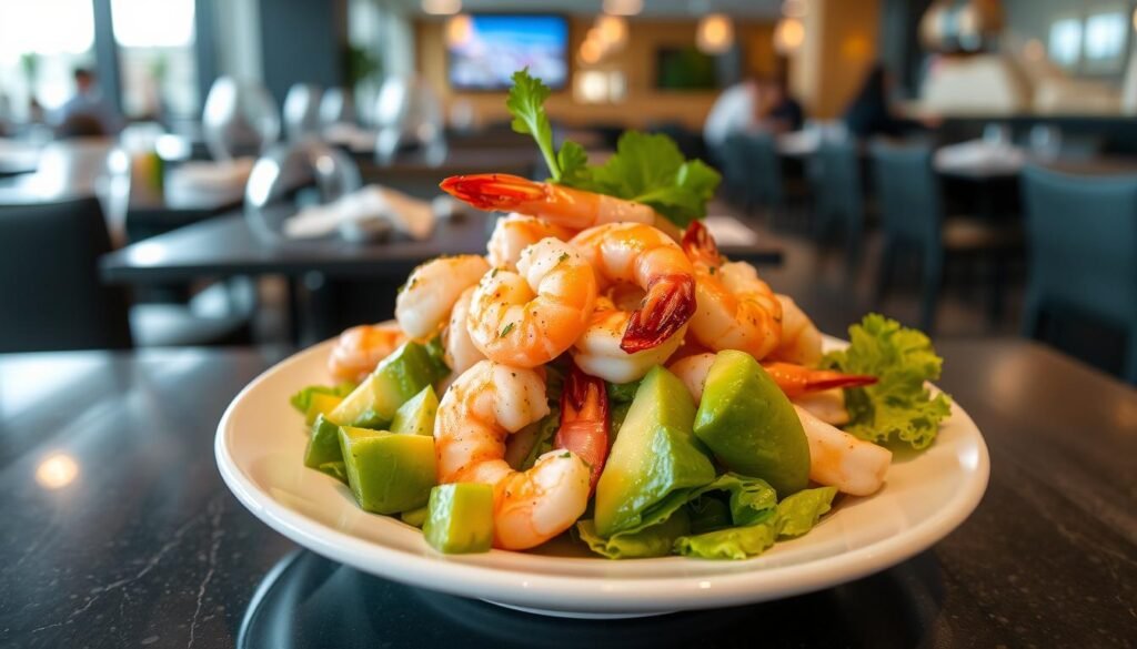 Imagem de uma salada de camarão com abacate
