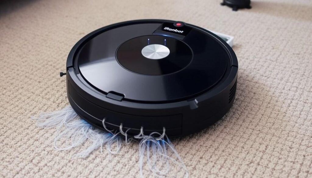 Imagem do iRobot Roomba 981 em ação, limpando um tapete com pelos de animais. Imagem do iRobot Roomba 981 em ação, limpando um tapete com pelos de animais.