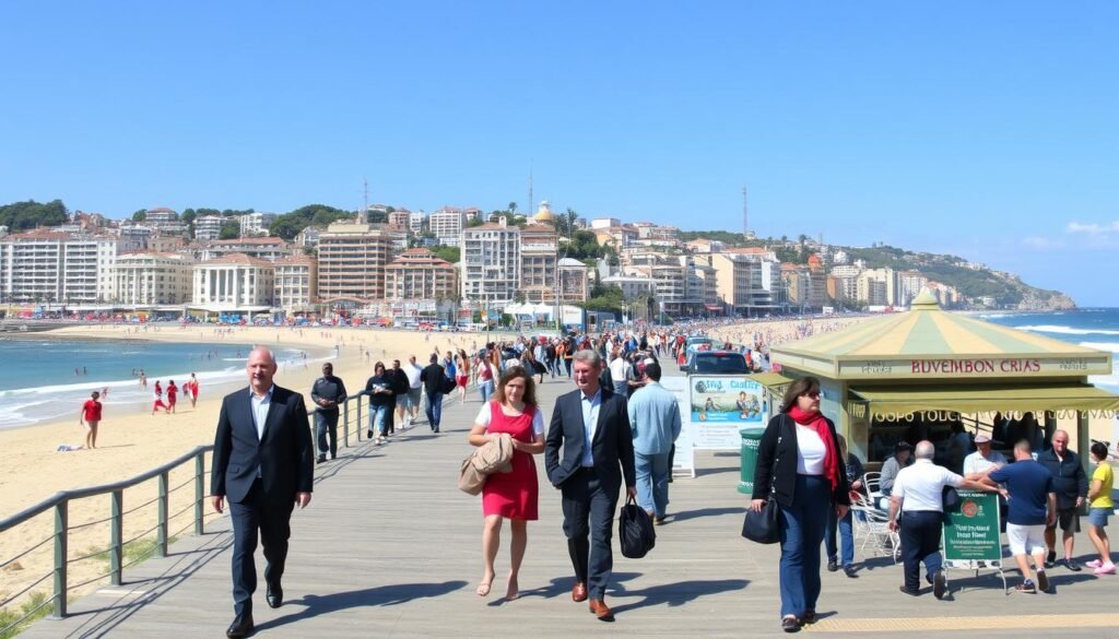 Imagine uma cidade litorânea com praias deslumbrantes e uma atmosfera tranquila.