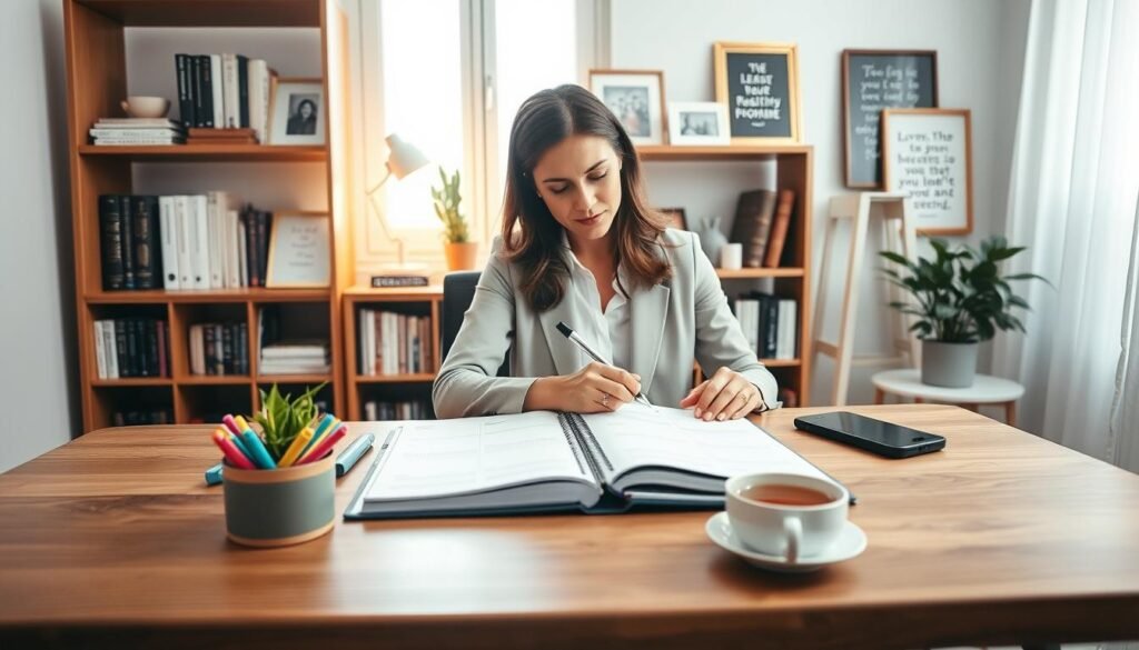 A serene and organized workspace depicting a balanced feminine routine. In the foreground, a stylish wooden desk with a planner open and colorful markers, a steaming cup of herbal tea, and a small potted plant for a touch of green. The middle ground features a well-structured bookshelf filled with books and decorative items like photos and motivational quotes in elegant frames. In the background, a softly lit window allows natural light to flood the room, casting a warm glow and creating a calm atmosphere. A woman in professional attire sits at the desk, thoughtfully writing in her planner with a focused expression. The overall mood is peaceful and inspiring, reflecting the essence of setting realistic priorities and goals for a well-organized day. Use soft and bright lighting to enhance the welcoming environment.