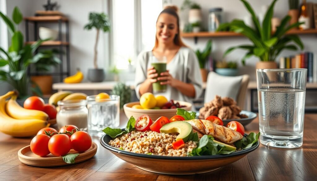 A vibrant and balanced healthy meal setup for women, featuring a colorful array of fresh fruits, vegetables, lean proteins, and whole grains arranged artfully on a wooden dining table. In the foreground, a neatly plated dish includes quinoa, spinach, cherry tomatoes, avocado, and grilled chicken, with a glass of infused water beside it. In the middle ground, a woman in modest casual clothing is joyfully preparing a nutritious smoothie, surrounded by ingredients like bananas and berries. The background shows a cozy, well-lit kitchen with green plants and inspiring recipe books, creating an inviting atmosphere. Soft natural light filters in through a window, enhancing the scene’s warm and motivating mood, ideal for illustrating a healthy and balanced lifestyle.