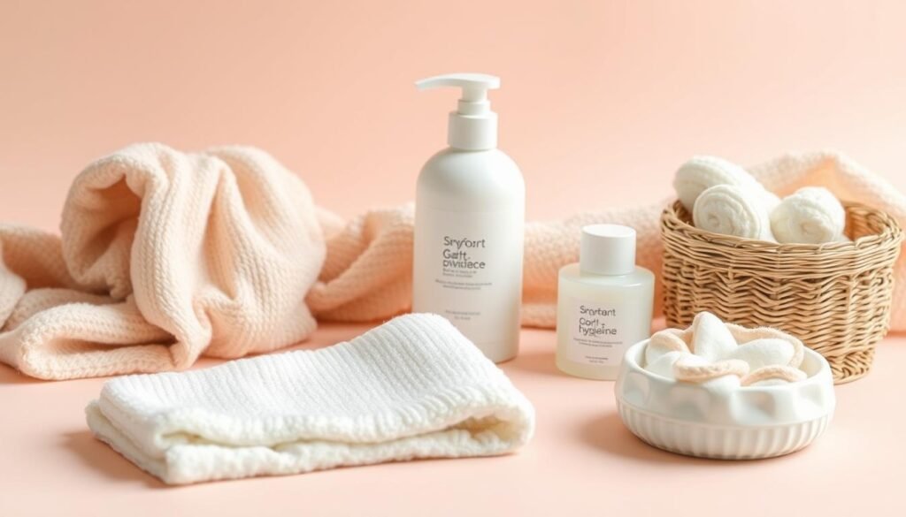 Aesthetic and soft-focus image of comfortable feminine hygiene products on a pastel background, symbolizing safety, comfort, and self-care during the menstrual cycle.