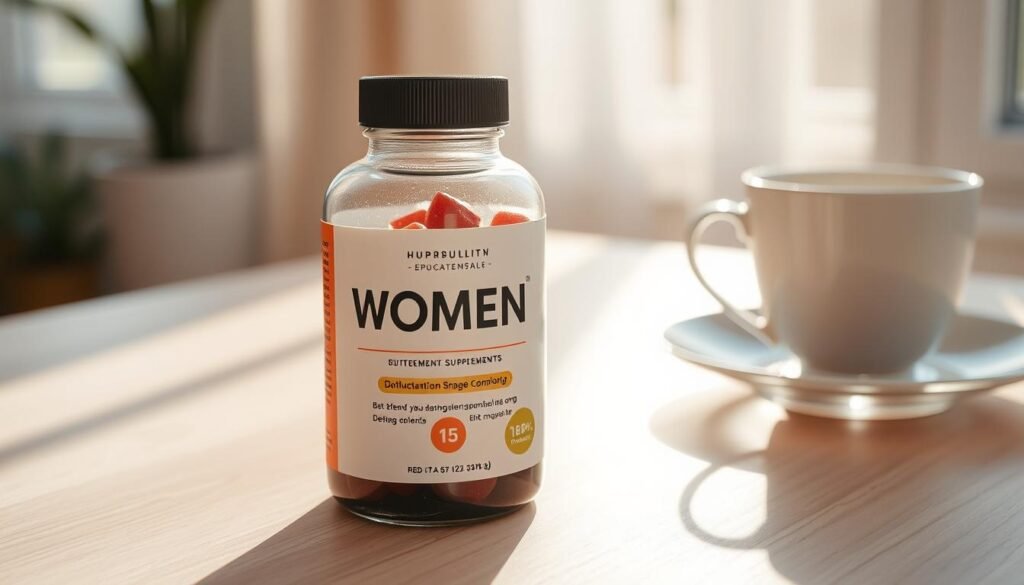 Fotografia de estilo de vida, close-up de um frasco moderno de suplemento feminino em uma mesa de madeira clara, com luz solar suave e uma xícara de chá ao fundo, estética clean e acolhedora.