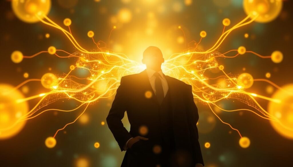 Imagem artística representando energia celular, luzes douradas e suaves fluindo através de uma silhueta feminina elegante, transmitindo sensação de vigor e bem-estar.