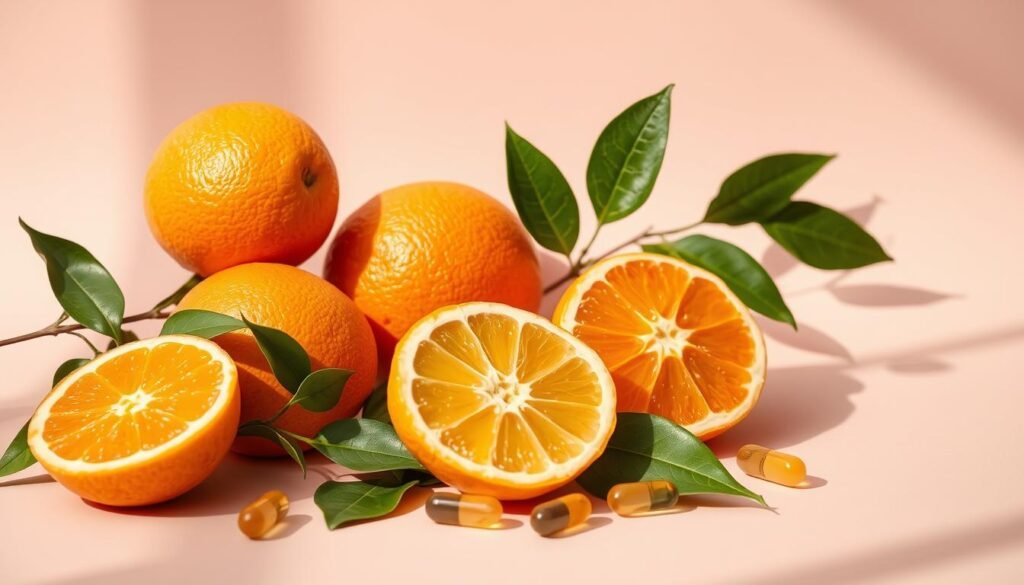 Natureza morta minimalista com frutas cítricas, folhas verdes e cápsulas de vitaminas, fundo em tons pastéis, luz natural, estilo editorial de saúde e bem-estar.