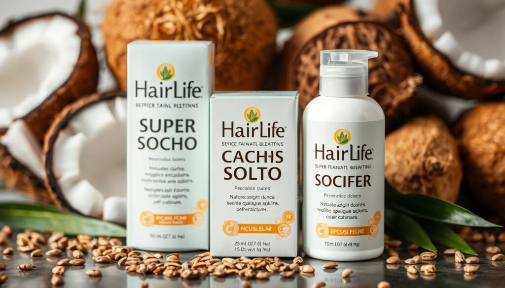 A close-up of 'HairLife Super Cachos Solto' packaging with coconut shells and flaxseeds in the background, bright and clean aesthetic, symbolizing natural curl definition.