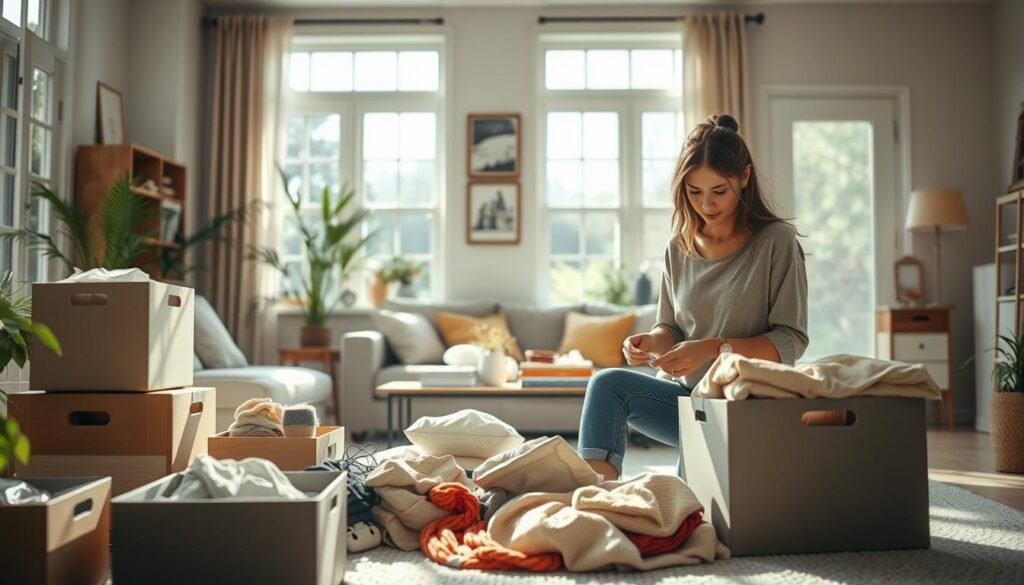 A cozy and serene living room filled with sunlight streaming through large windows. In the foreground, a person dressed in modest casual clothing thoughtfully sorts through a pile of belongings, surrounded by neatly organized storage boxes. The middle ground features a comfortable sofa and a coffee table, showcasing minimal decorative items that emphasize a decluttered space. In the background, soft plants and warm colors create an inviting atmosphere. The overall mood is calm and focused, highlighting the concept of letting go of excess clutter for a more organized home. Soft, natural lighting enhances the peaceful ambiance, while a shallow depth of field directs attention to the person’s engaged expression.