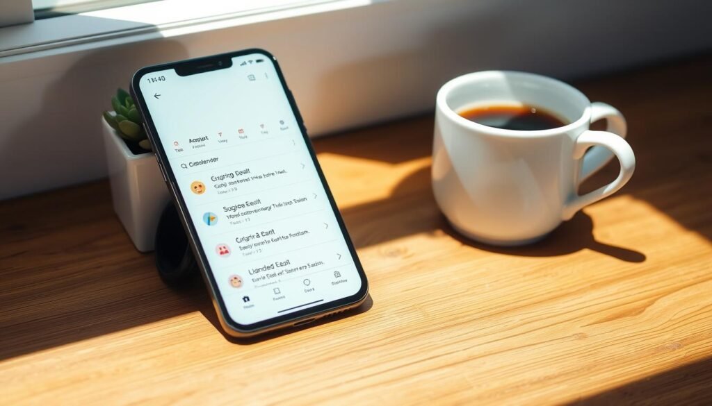 A high-quality, minimalist image of a smartphone displaying the Google Calendar app with soft pastel-colored events, placed on a wooden desk next to a white ceramic mug of coffee and a small succulent, natural sunlight.