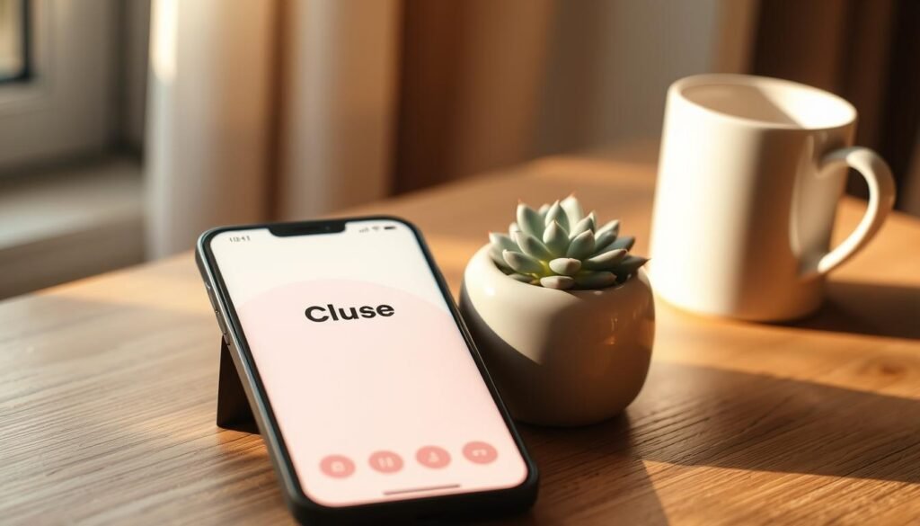 A high-quality, minimalist photograph of a smartphone displaying the Clue app interface with soft pastel colors, placed on a wooden table next to a small succulent and a ceramic mug, warm morning light.
