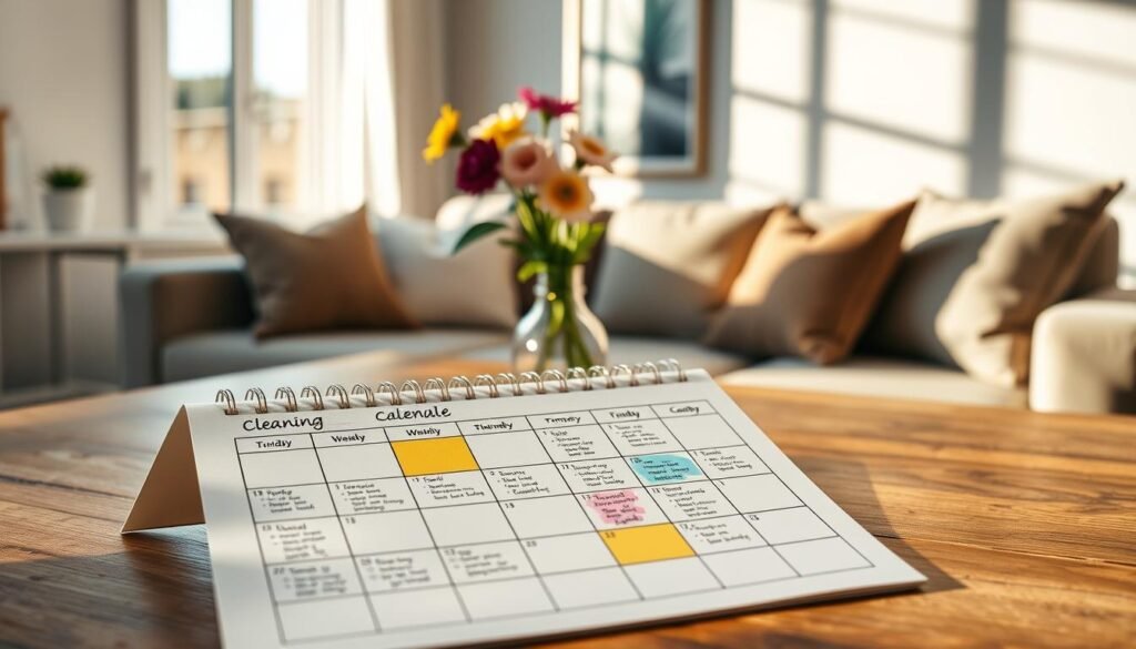 A realistic home cleaning schedule displayed beautifully on a wooden table. In the foreground, a printed calendar with colorful boxes and neat handwriting, showcasing daily and weekly cleaning tasks. Light streams in from a nearby window, casting soft shadows, creating a warm and inviting atmosphere. In the middle ground, a fresh vase of flowers adds a touch of life and color, emphasizing the importance of a tidy environment. In the background, a well-organized living space with neatly arranged cushions on a couch and minimalistic decor reflects an orderly home. The lighting should be bright and cheerful, evoking a sense of calm and productivity. The overall mood is organized and serene, ideal for inspiration on practical home organization without stress.