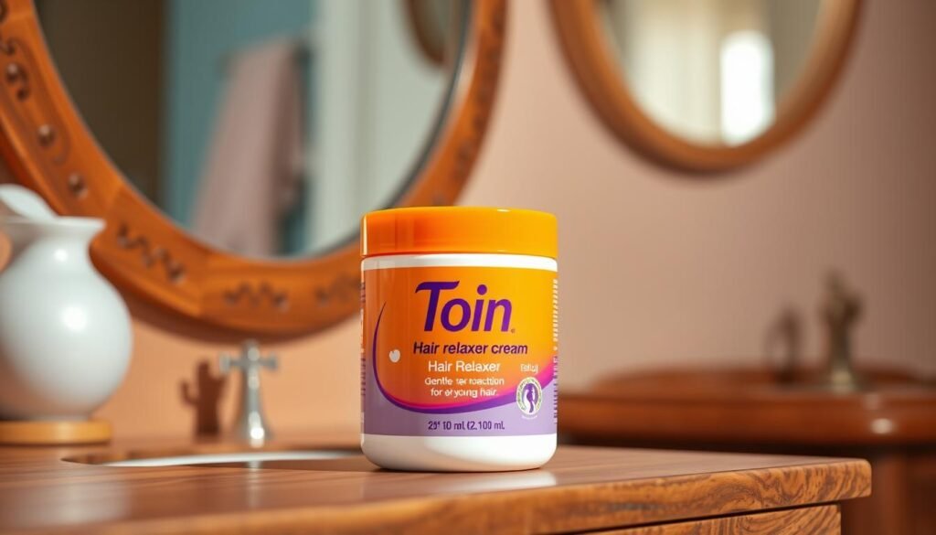 A realistic studio photo of a bright orange and purple hair relaxer cream jar labeled 'Toin', placed on a wooden vanity with a soft, warm background, representing a gentle product for young hair.