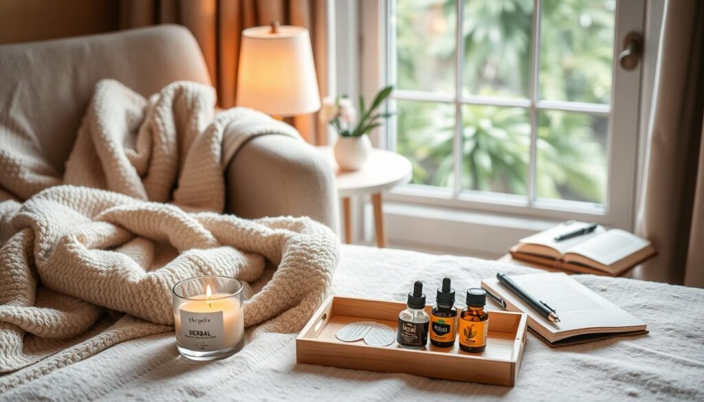 A serene and inviting layout showcasing various relaxation products for women. In the foreground, a soft, plush blanket drapes elegantly over a comfortable armchair, with a scented candle and a small, neatly arranged tray featuring herbal teas and essential oils. The middle ground includes a cozy side table adorned with a journal and a stylish pen, while a softly glowing lamp casts warm, gentle light. In the background, a peaceful window view reveals greenery outside, adding a natural touch. The atmosphere is tranquil and calming, suggesting a perfect space for unwinding and self-care. Use soft, natural lighting to enhance the warmth and coziness, capturing the essence of relaxation.