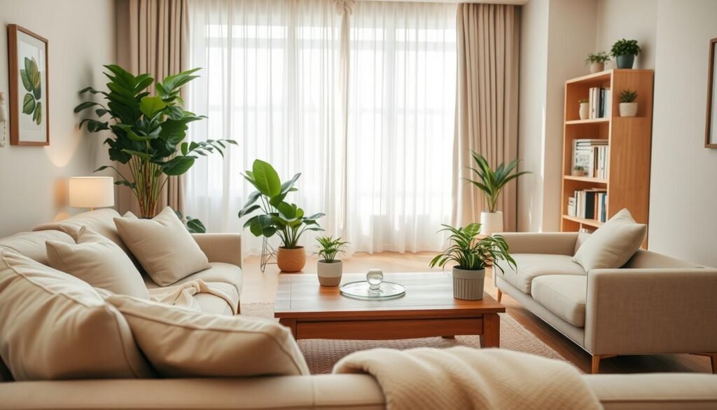 A serene and organized living room embodying Feng Shui principles. In the foreground, a comfortable couch adorned with neutral-toned cushions and a soft throw, inviting relaxation. In the middle, a wooden coffee table surrounded by indoor plants, symbolizing vitality, and a small water feature for tranquility. To the side, an elegant bookshelf with neatly arranged books and minimalistic decor. The background reveals a harmonious color palette with soft pastels and natural light streaming through sheer curtains, creating a warm and inviting atmosphere. Use a cozy, inviting lens effect to highlight the soothing ambiance and emphasize balance and harmony in home organization. Focus on conveying a sense of peace and order throughout the space.