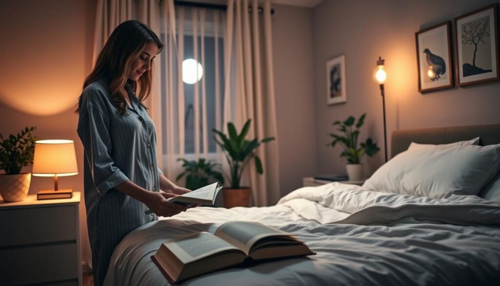 A serene bedroom scene at night, highlighting a woman in modest, comfortable pajamas preparing for sleep. The foreground shows her gently placing a book on a bedside table, with a soft, warm lamp illuminating the space. In the middle, a neatly made bed with fluffy pillows and a cozy blanket invites relaxation, while tranquil plants and calming artwork decorate the walls. The background features a window with sheer curtains, allowing the soft moonlight to filter in, creating a peaceful atmosphere. The overall mood is tranquil and inviting, emphasizing habits that promote restful sleep. The lighting is warm and soothing, captured with a soft focus to enhance the feeling of calmness and serenity.