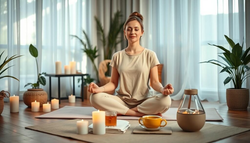 A serene indoor setting where a woman is managing stress and practicing self-care during a peaceful pause. In the foreground, she sits cross-legged on a soft yoga mat, dressed in modest, comfortable clothing. Her expression is calm and focused as she practices mindfulness, surrounded by candles and soothing plants. In the middle ground, there’s a small table with a journal, a warm cup of herbal tea, and a gentle diffuser emitting soft, fragrant mist. The background features a cozy room with natural lighting filtering through sheer curtains, creating a tranquil atmosphere filled with soft shadows. The overall mood is peaceful and reflective, emphasizing the importance of mental wellness and self-ownership.