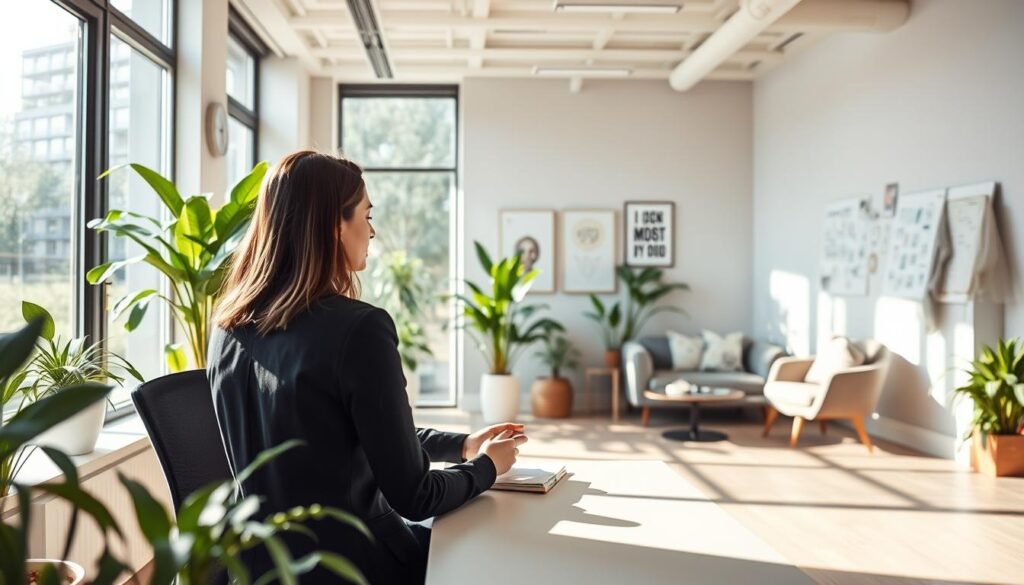 A serene, modern office space bathed in soft natural light filtering through large windows, creating an atmosphere of calm productivity. In the foreground, a focused woman in professional business attire sits at a well-organized desk, surrounded by plants that symbolize energy and growth. She is engaged in a mindful moment, perhaps meditating or journaling, illustrating the concept of energy management. In the middle ground, a wall covered in motivational artwork and a whiteboard filled with inspiring notes showcase high-performance habits. The background features a cozy lounge area with comfortable seating, inviting relaxation and balance. Use a wide-angle lens to capture the entire scene, emphasizing clarity and warmth, with a soft focus on the woman to enhance the sense of tranquility and focus.