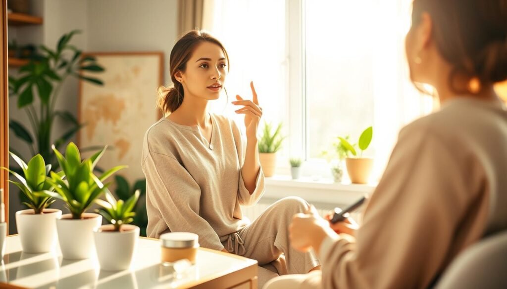 A serene morning scene showcasing a woman engaged in self-care routines, embodying strategic and non-negotiable personal care. In the foreground, the woman, dressed in modest, comfortable, yet stylish loungewear, is seated at a sunlit vanity, applying skincare products with a thoughtful expression. The middle ground captures elegant pots of plants and neatly organized beauty essentials, reflecting a sense of order. The background features soft morning light streaming through a window, casting gentle shadows and illuminating a cozy, inviting room filled with greenery and natural textures. The atmosphere is calm and empowering, suggesting a high-performance lifestyle balanced with mindfulness and self-love, evoking a sense of rejuvenation and focus. Use warm, soft lighting with a slight bokeh effect to create an intimate and uplifting mood.