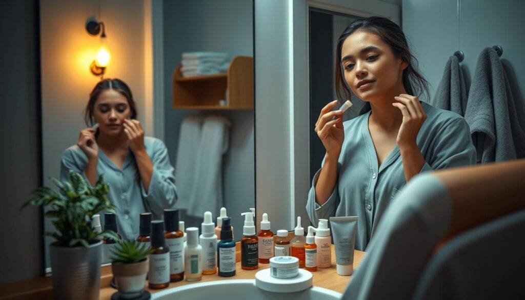 A serene nighttime skincare routine scene in a softly lit, cozy bathroom. In the foreground, a young woman in modest, comfortable pajama attire is gently applying a moisturizer to her face, reflected in a mirror. The middle layer showcases a beautiful array of skincare products, including serums, oils, and masks, neatly arranged on a wooden countertop. A potted plant adds a touch of nature. In the background, warm ambient lighting from a wall sconce creates a calming atmosphere, with hints of soft towels and a bathrobe hanging nearby. The overall mood is tranquil and inviting, emphasizing self-care and relaxation, captured with a slight overhead angle to provide depth and focus on the skincare process.