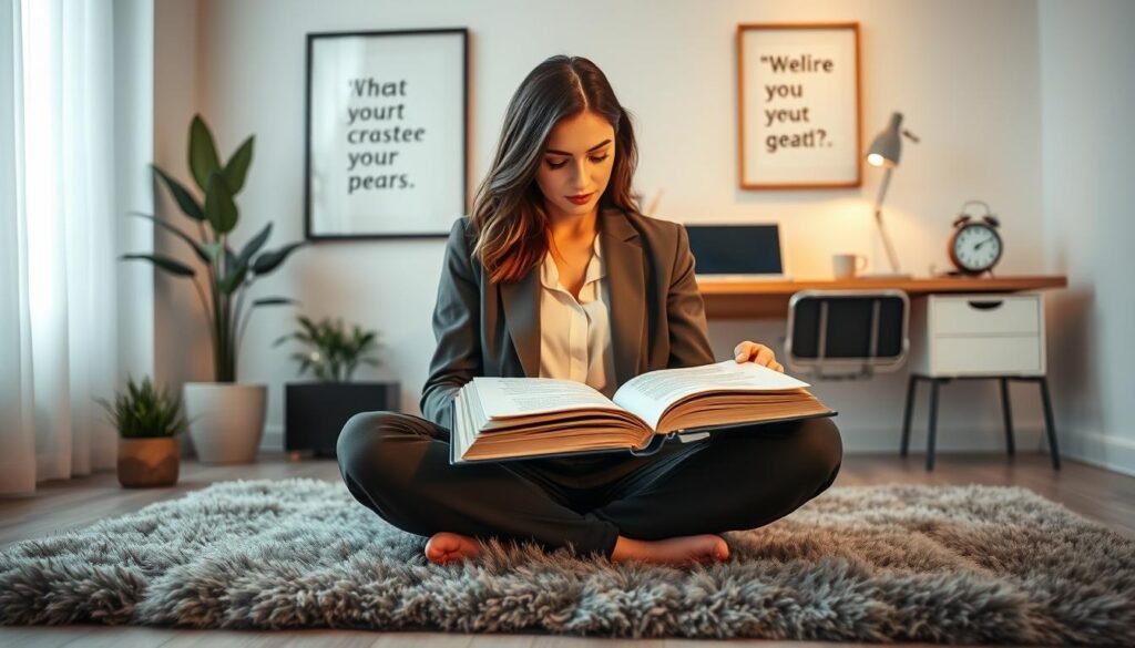 A serene, professional woman sitting cross-legged on a plush, modern office rug, gazing thoughtfully at a large, open journal filled with notes. She is wearing a tailored blazer and smart casual trousers, exuding confidence and poise. In the foreground, soft, warm lighting enhances her focused expression, while a decorative indoor plant adds a touch of tranquility. The middle ground features a stylish desk with motivational quotes framed elegantly on the wall and a laptop displaying a wellness app. In the soft background, subtle hints of a calming workspace, like a coffee cup and a stylish clock, create an atmosphere of productivity and self-discovery. The overall mood is empowering and introspective, reflecting the essence of high-performance feminine habits rooted in deep self-knowledge.