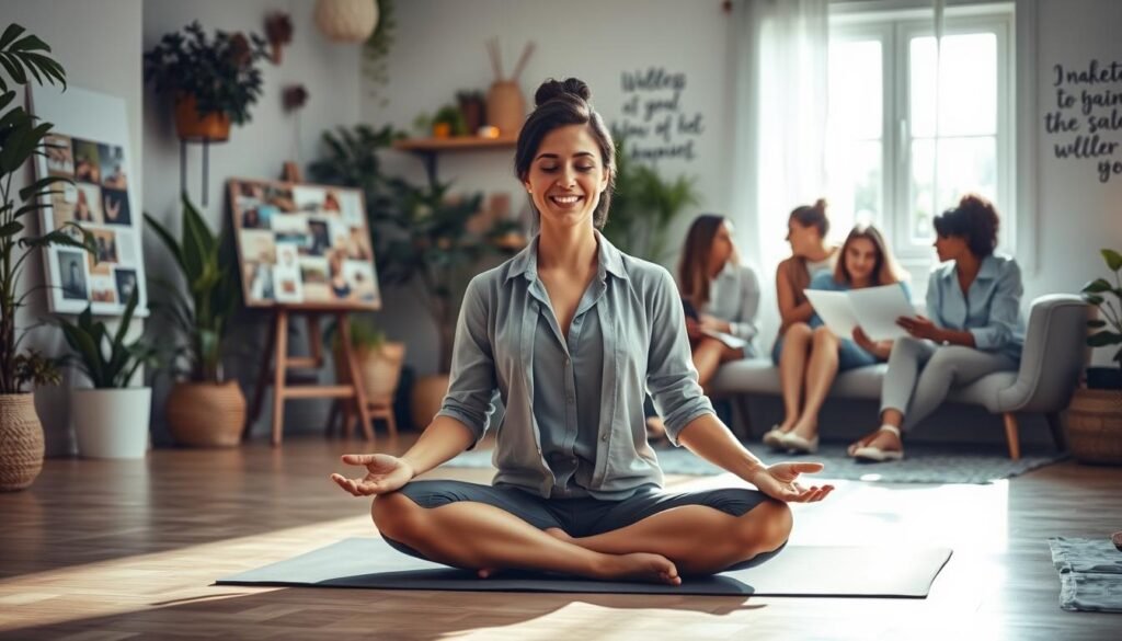 A serene scene depicting diverse women practicing self-care while overcoming obstacles. In the foreground, a woman in professional casual attire is meditating on a yoga mat, exuding tranquility. To the left, another woman joyfully crafts a vision board, filled with images of aspirations and goals. In the middle ground, a group of women collaborates on a wellness workshop, sharing ideas and support. The background features a cozy, softly-lit room adorned with indoor plants, calming colors, and inspirational quotes on the walls, creating a nurturing atmosphere. Gentle sunlight streams through a window, casting warm, inviting shadows. The overall mood is uplifting and empowering, symbolizing resilience and community in the journey of self-care.