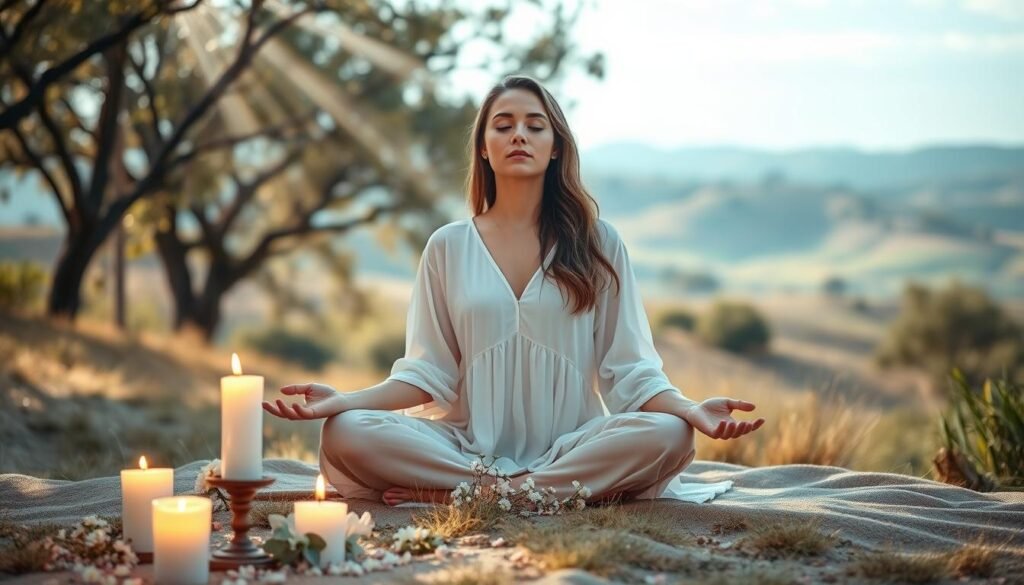 A serene woman sitting cross-legged on a soft, natural space, her eyes gently closed, embodying a moment of deep spiritual connection and silence. She is wearing a flowing, modest white dress, radiating tranquility. In the foreground, delicate candles flicker softly, casting warm light and creating a peaceful ambiance. Flowers in subtle pastel colors bloom around her, adding a touch of nature's beauty. The middle ground features soft, ethereal rays of light filtering through gently swaying trees, creating a dappled effect on the ground. In the background, a tranquil landscape of rolling hills and a calm blue sky appears, enhancing the feeling of solitude and reflection. The overall atmosphere is one of peace and introspection, inviting viewers to embrace their own moments of self-care and spiritual connection.