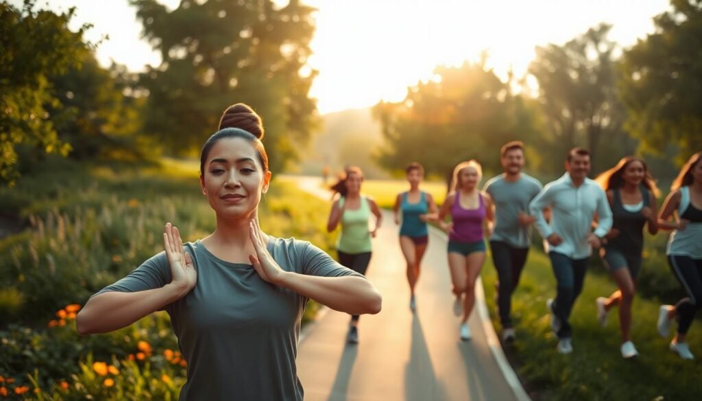 A vibrant outdoor scene depicting a diverse group of professionals engaged in various energizing exercises to boost vitality. In the foreground, a woman in modest athletic wear does yoga poses with a serene expression, while a man performs stretches nearby. The middle ground features a diverse group jogging along a scenic path, surrounded by greenery and bright flowers. The background showcases soft sunlight filtering through trees, creating a warm and inviting atmosphere. The image is captured with a wide-angle lens to enhance the dynamic movement of the group, set during golden hour to instill a sense of calm and motivation. The overall mood conveys empowerment and wellness, emphasizing the link between physical activity and stress management.