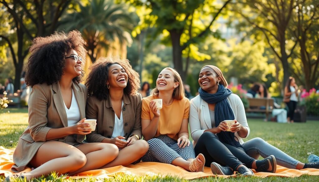 A warm and inviting scene in a sunlit urban park featuring a diverse group of women laughing together, embodying the essence of social self-care. In the foreground, three women of varying ethnicities are sitting on a bright picnic blanket, sharing a joyful moment, each dressed in smart casual outfits. One woman, with curly hair, is playfully leaning towards another, who is mid-laughter. The middle ground includes a few more friends enjoying the moment, some sipping tea, while trees and flowering plants provide a lush backdrop. The lighting is soft, suggesting a late afternoon golden hour, creating a cozy, relaxed atmosphere that radiates happiness and connection. The overall mood is uplifting, emphasizing nurturing relationships.