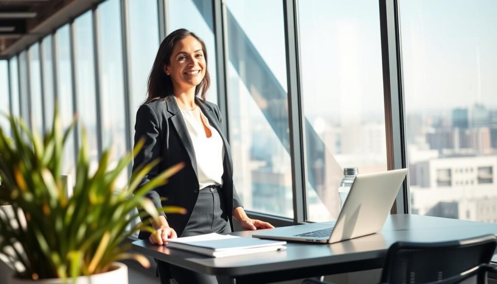 A woman taking a break at her desk to recharge, smiling while standing by a large window in a modern office space. She is dressed in smart casual clothing, comfortably relaxed yet professional. Sunlight streams through the glass, casting soft shadows and creating a warm, inviting atmosphere. In the foreground, a potted plant adds a touch of greenery to the scene, symbolizing vitality. The middle ground features her workspace, organized with a laptop, notebooks, and a water bottle, emphasizing a productive environment. In the background, cityscape views are visible, hinting at a vibrant life outside. The overall mood is one of positivity, energy, and balance, illustrating the importance of taking intentional breaks for better focus and stamina.
