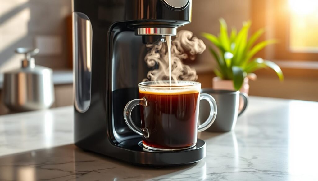 Cafeteira inteligente Smarter sobre bancada de mármore, vapor saindo de uma xícara de café fresco, sol matinal entrando pela janela ao fundo.