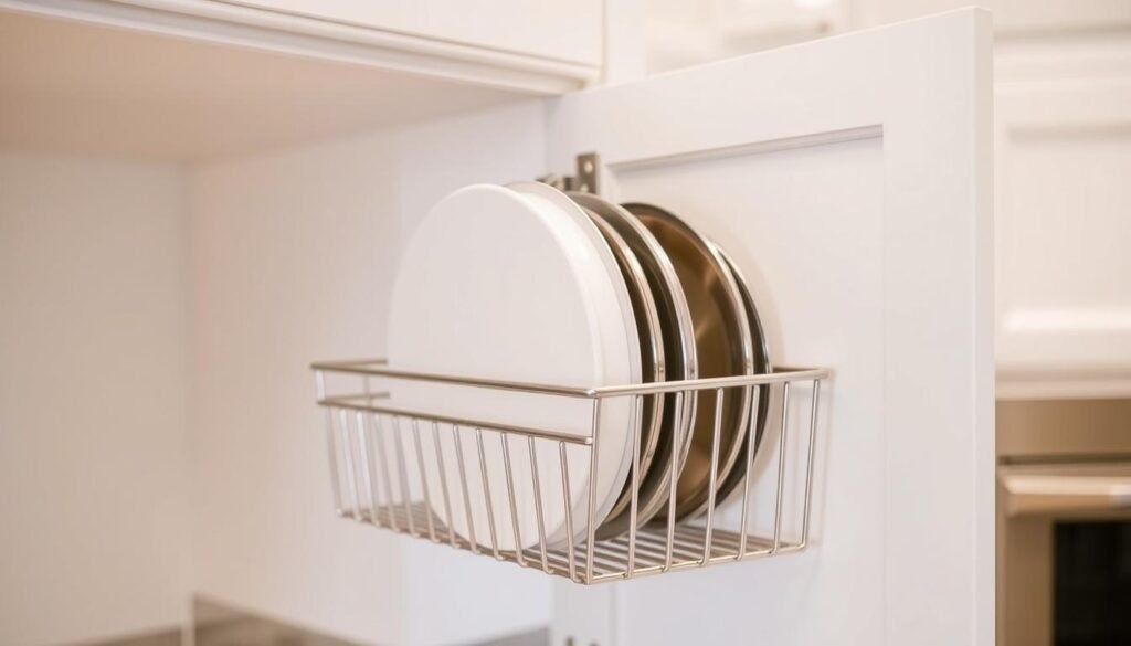 Close-up de uma porta de armário de cozinha branca aberta revelando um organizador de metal prateado fixado na parte interna, segurando tampas de panelas e tábuas de corte, estilo organizado e funcional.