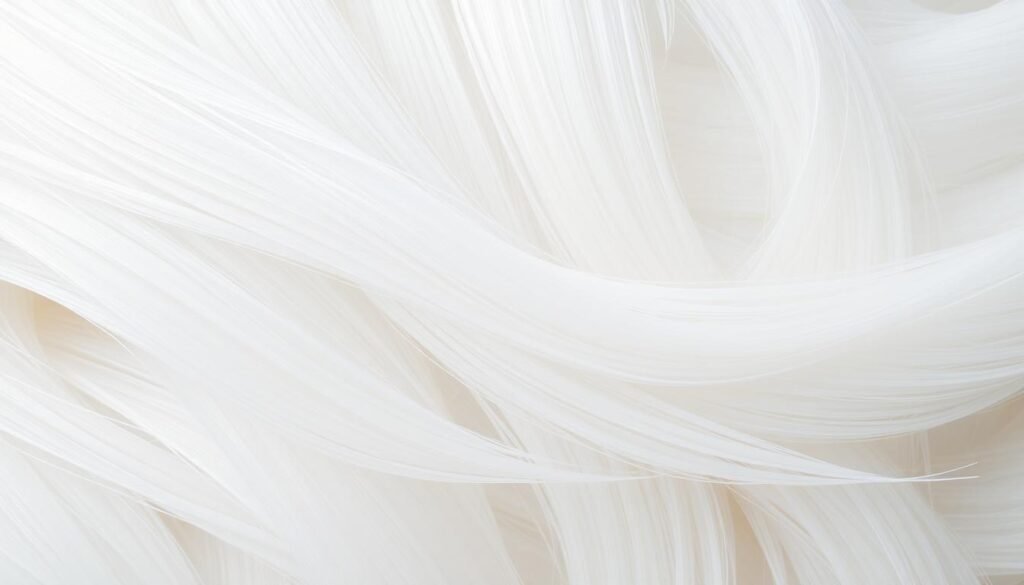 Close-up de uma textura de creme capilar branco espesso e brilhante, evocando uma sensação de frescor e cuidado profundo.