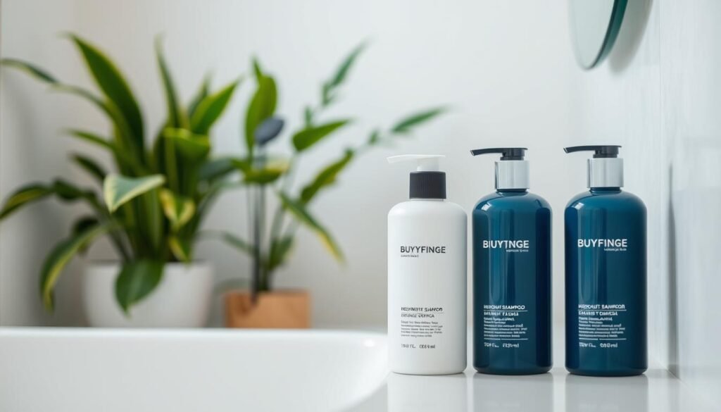 Foto em estilo lifestyle de frascos de shampoo e condicionador modernos em um banheiro minimalista com plantas verdes ao fundo.