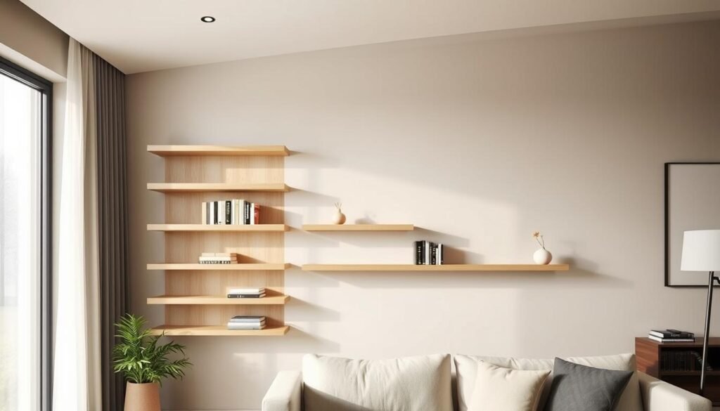 Fotografia de design de interiores de uma sala de estar moderna com prateleiras flutuantes de madeira clara dispostas verticalmente na parede, com livros e vasos pequenos, iluminação natural suave, ambiente acolhedor e minimalista.