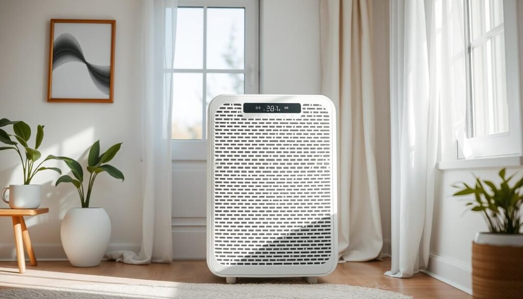 Fotografia de estilo de vida de um purificador de ar moderno e minimalista em um quarto aconchegante com tons pastéis, luz suave da manhã entrando pela janela, atmosfera limpa e serena.