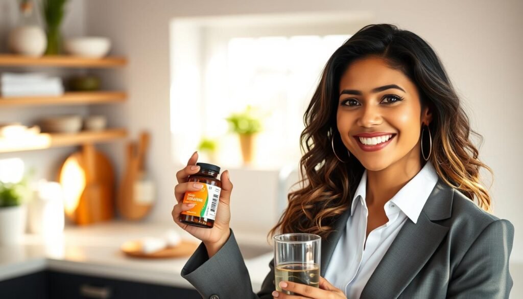 Fotografia estilo lifestyle de uma mulher brasileira sorridente em uma cozinha iluminada pelo sol, segurando um copo de água e um frasco de vitaminas naturais, estética minimalista e acolhedora.