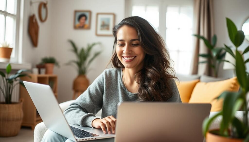 Fotografia estilo lifestyle de uma mulher brasileira sorrindo calmamente enquanto usa um notebook em uma sala iluminada e aconchegante, transmitindo paz e acolhimento durante uma sessão de terapia online, cores suaves e luz natural.