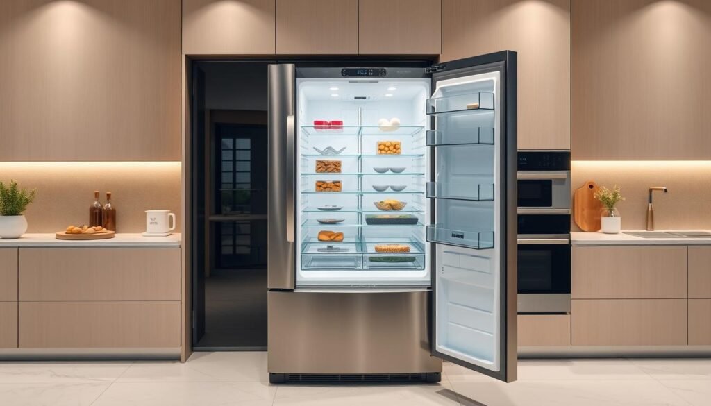 Geladeira LG ThinQ em aço escovado em uma cozinha de luxo, porta aberta revelando organização impecável e luz interna suave, estilo fotorealista.
