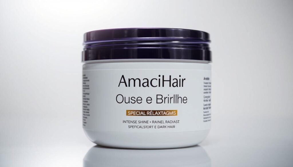 High-quality image of 'AmaciHair Ouse e Brilhe' hair relaxer, glowing under soft studio lights to emphasize intense shine and radiance for dark hair.
