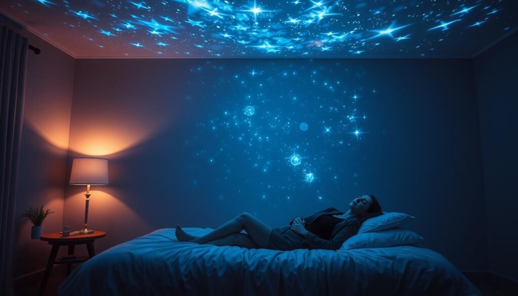 Imagem realista de um quarto escuro com um projetor de luz criando uma galáxia de estrelas azuis e nebulosas suaves no teto, uma mulher relaxando na cama, ambiente místico e tranquilo.