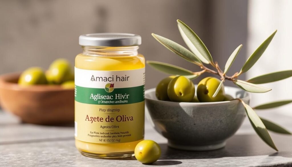 Product shot of 'AmaciHair Azeite de Oliva' jar next to a small bowl of green olives and a branch, using natural lighting to evoke a nourishing and organic feeling.