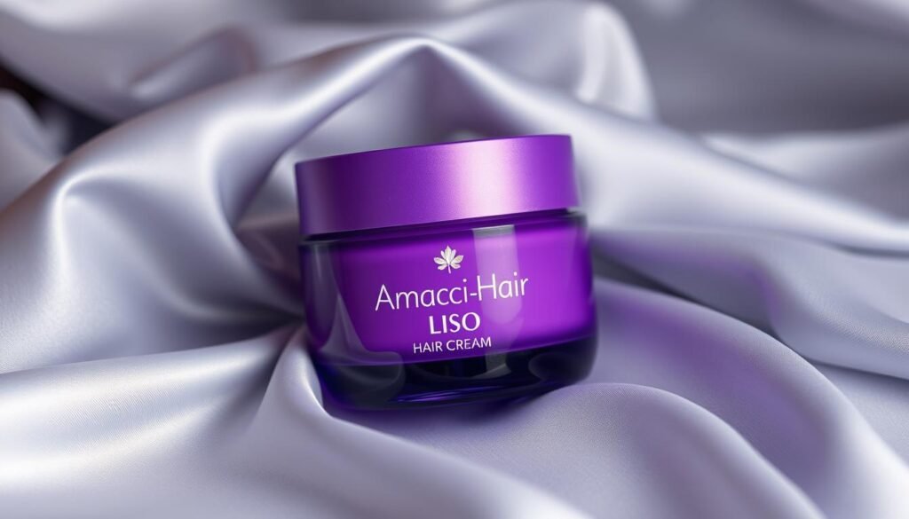Professional product photography of a purple hair cream jar named 'AmaciHair Liso', surrounded by silk fabric to represent smoothness and professional care.