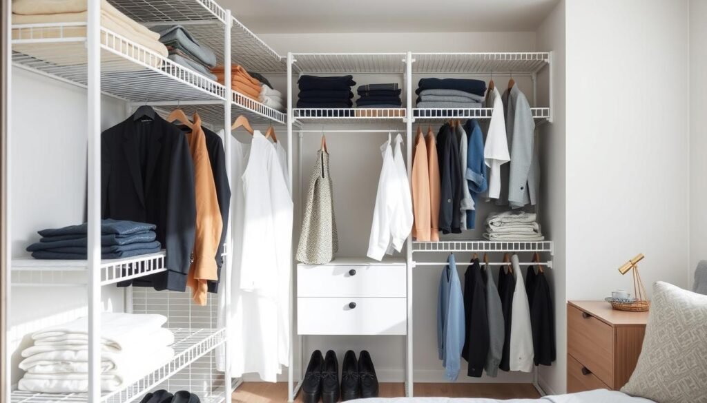 Um closet aramado moderno e iluminado com prateleiras de metal branco, exibindo roupas dobradas e penduradas de forma organizada em um quarto minimalista com luz natural suave.