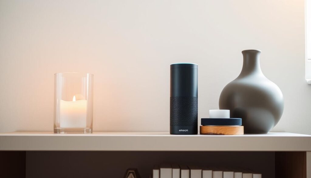 Um dispositivo Amazon Echo Alexa moderno em uma prateleira minimalista, rodeado por objetos de decoração afetiva e uma vela acesa, luz natural suave entrando pela janela.
